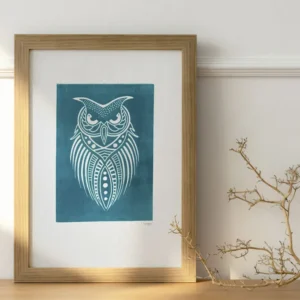 linogravure hibou bleu turquoise