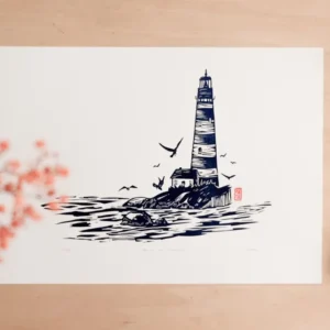 linogravure phare et ocean bleu