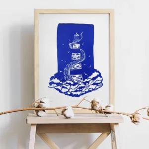 linogravure phare tentacule outremer
