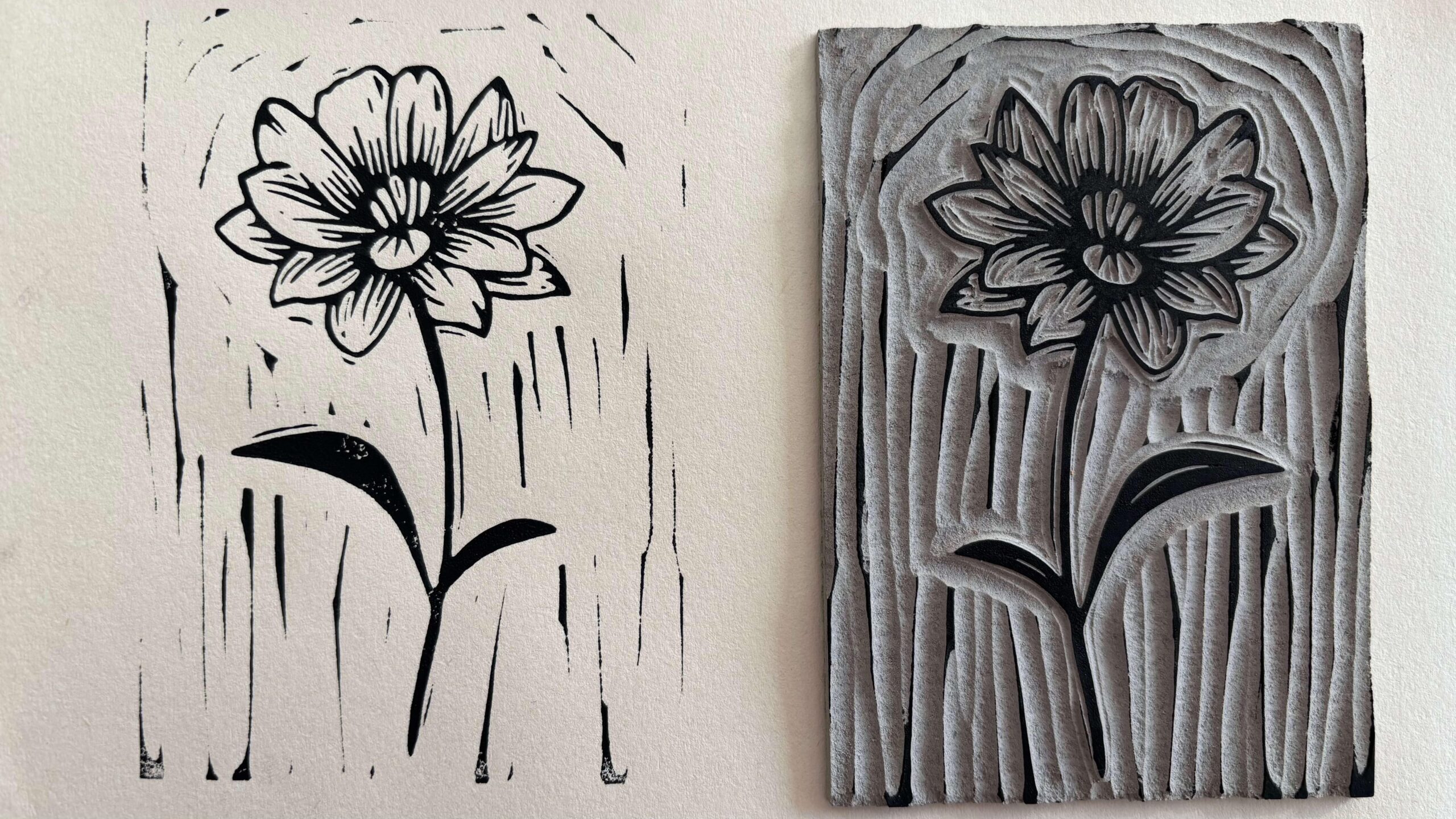 Exemple de linogravure en positif : le fond en linoleum a été creusé et évidé à la gouge, laissant le motif principal en relief imprimer la couleur sur le papier.