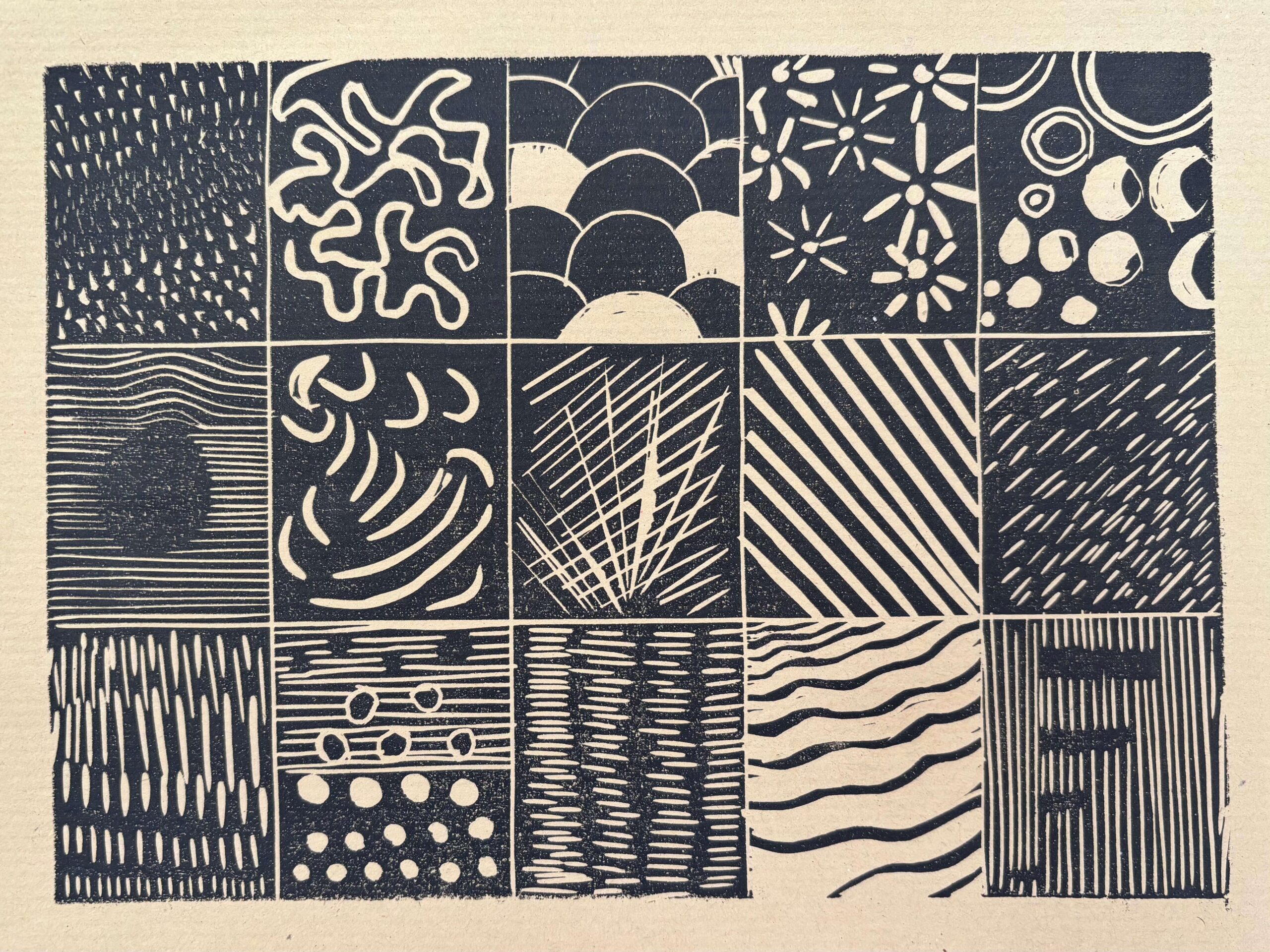 Idée de dessin simple et graphique pour un premier projet de linogravure sur plaque.