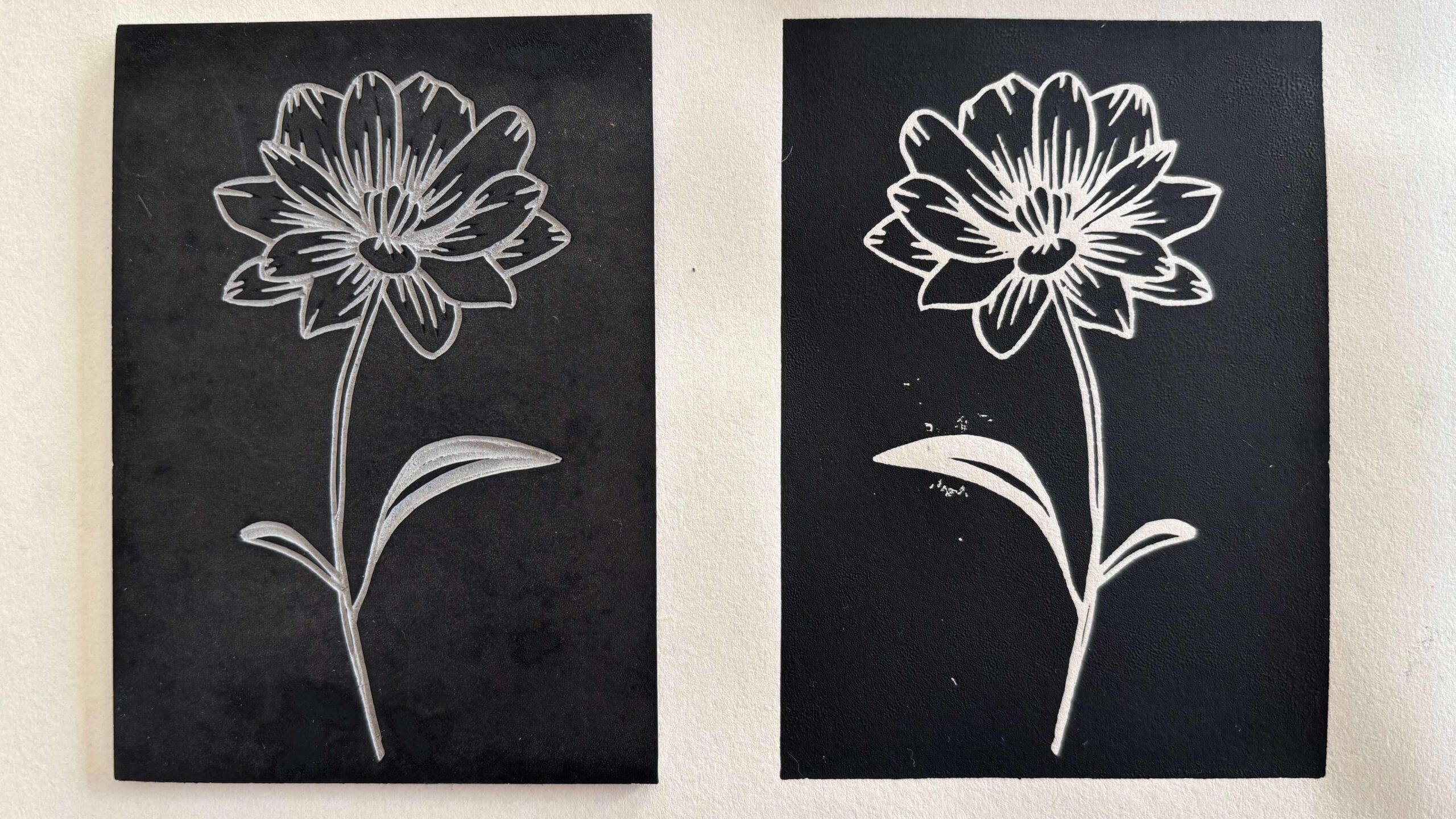 Exemple de linogravure en négatif : le dessin a été creusé à l'intérieur des lignes de la matrice, faisant apparaître le motif en blanc au milieu d'un bloc d'encre coloré.